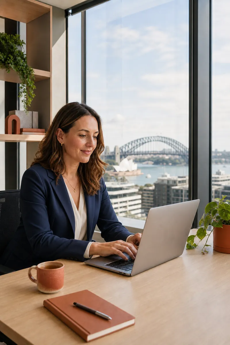 Professional working in a Sydney office overlooking the Harbour Bridge